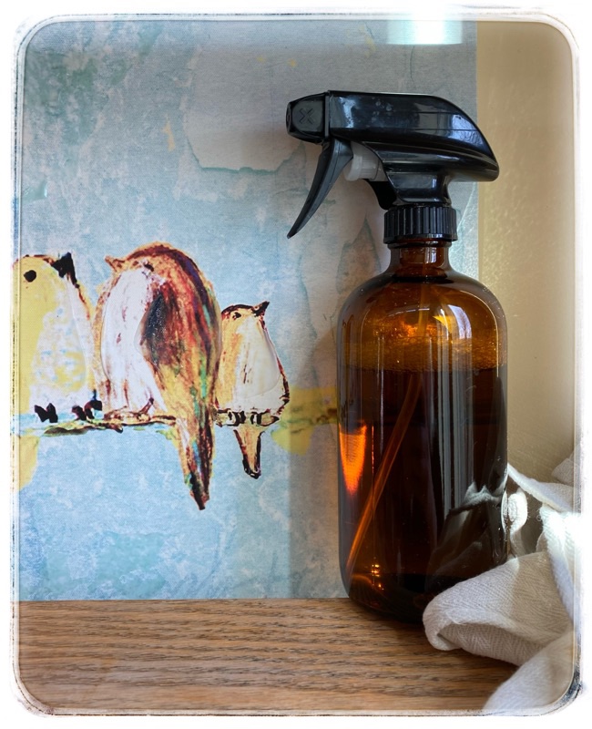 Sustainable cleaning spray in brown smoky glass spray bottle, in front of bird painting. Cleaning rag in foreground. 