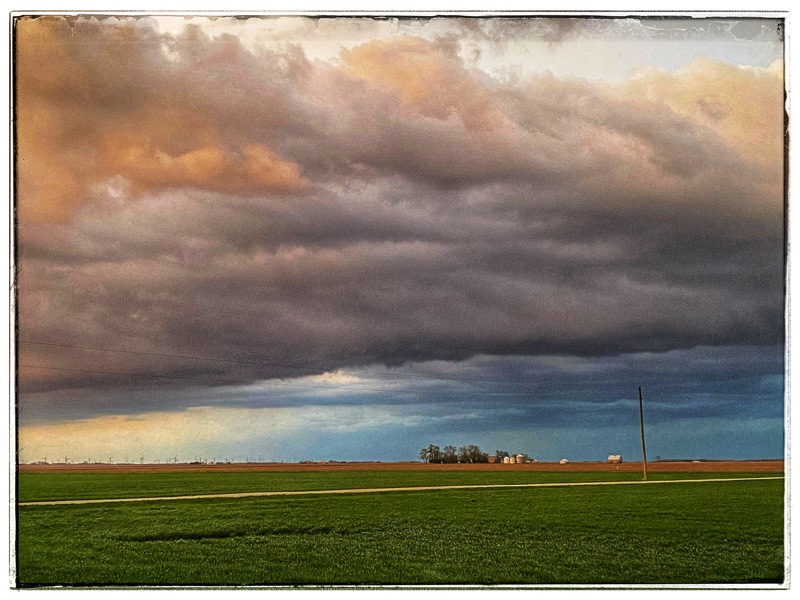 Storm clouds above organic wheat fields. Flat horizon. Farmhouse in the distance.