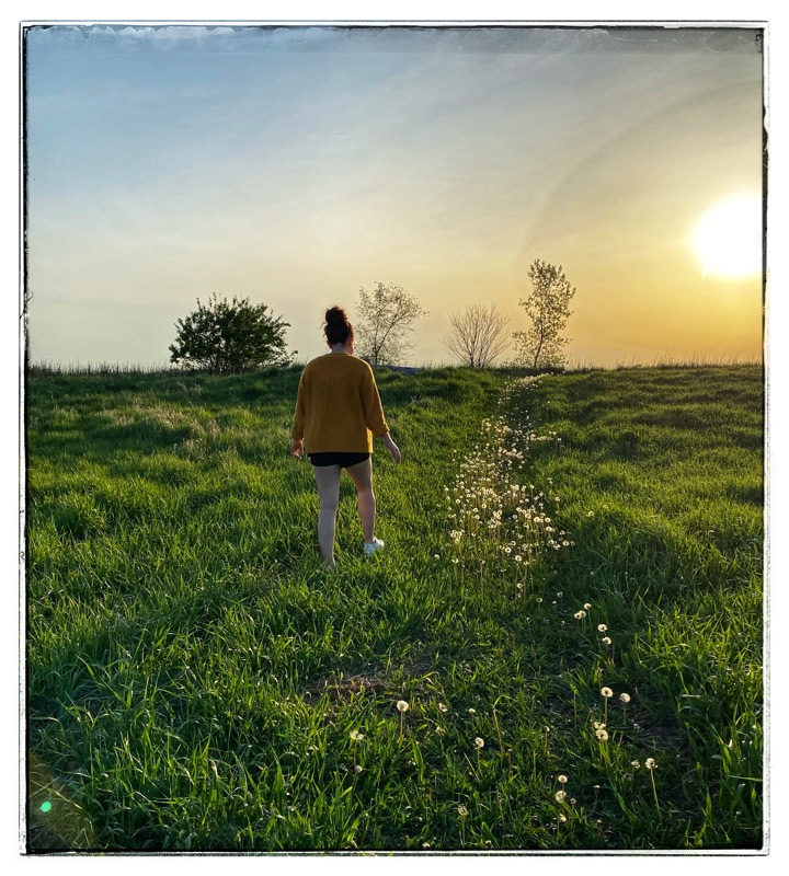 Woman with black shorts and yellow jumper, from behind walking through long green grass into sunset. 