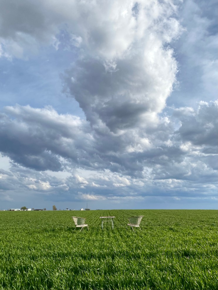 chairs in a wheat field with clouds behind