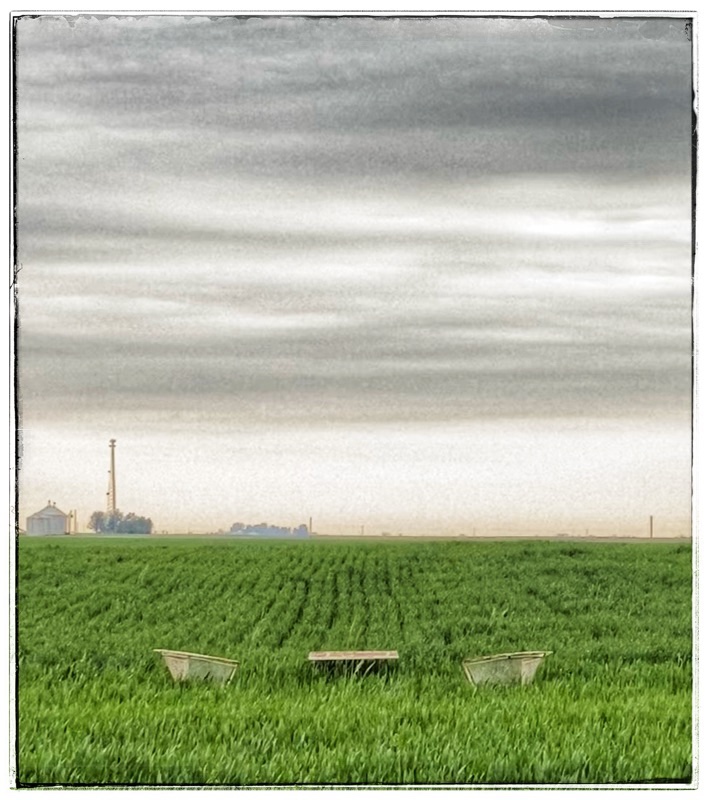 two chairs and a table in a wheat field - big dark sky