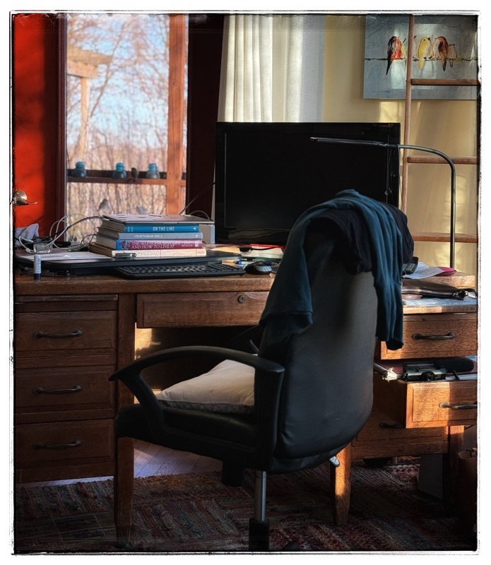 Desk with desk, chair, and books and screens, and closed laptop and a few outside the door of trees in the winter